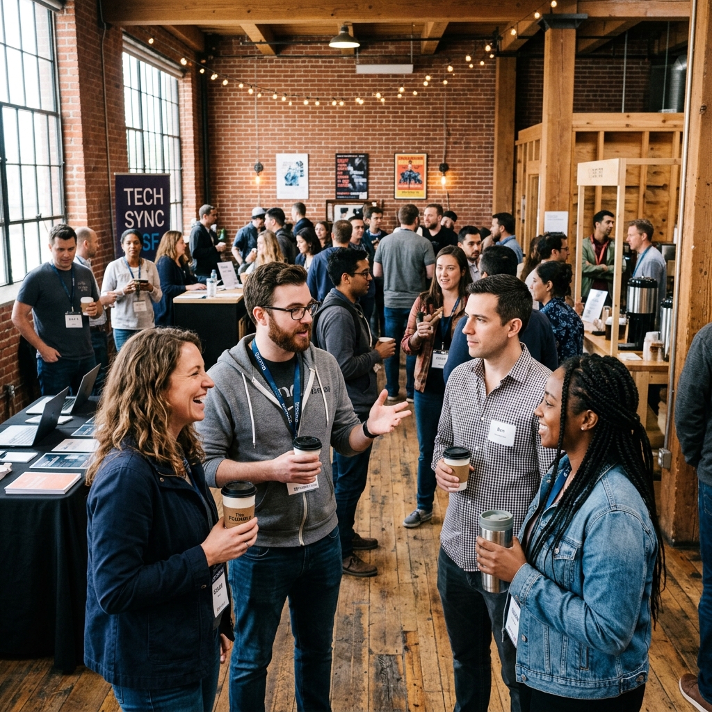 Professionals networking over coffee at a vibrant tech meetup in a brick-and-timber venue — Detroit Tech Community and Networking