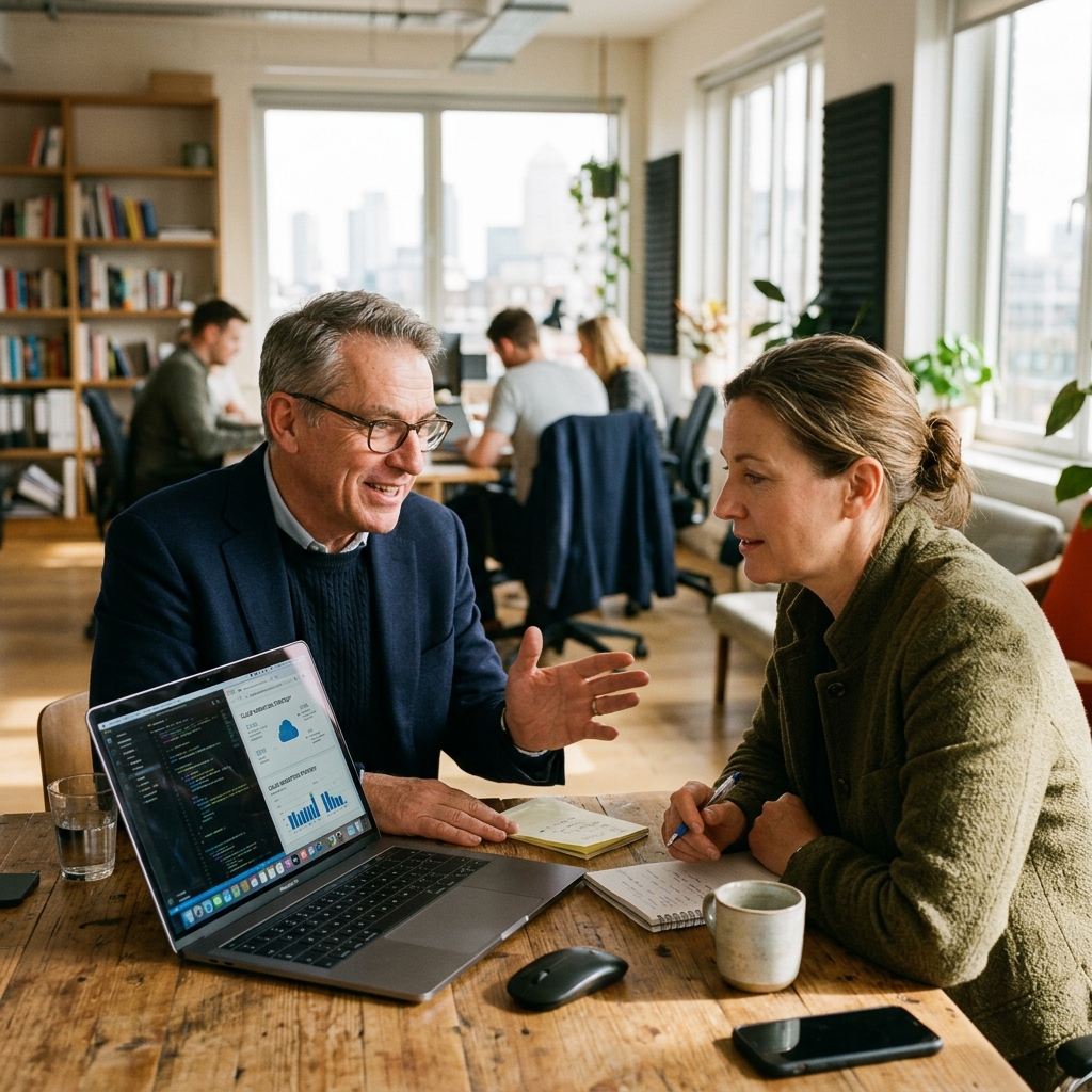 Experienced technology leader mentoring an executive colleague over a laptop in a sunlit studio — Michigan Startup Coaching and VC Prep