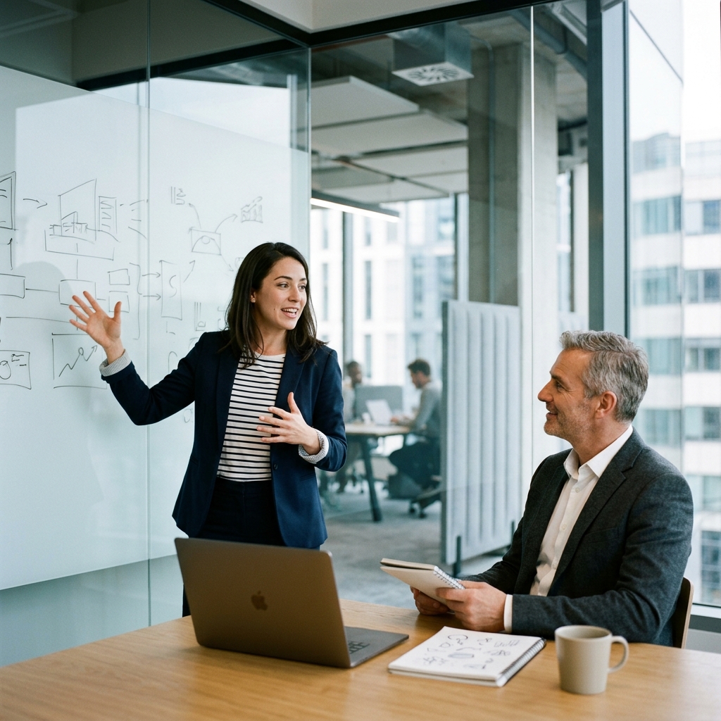 Confident founder presenting to an experienced investor in a sleek, minimalist startup studio with natural light and a glass whiteboard — Detroit Startup Consulting and Pitch Decks
